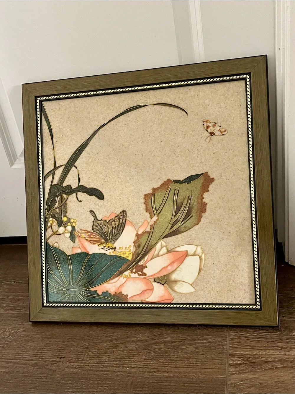 Vintage Ceramic Tile Art Arrangement Of Botanical And Butterfly Motif 18/19 Inch